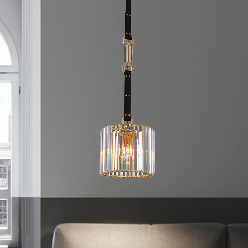 Black Cylinder Shade Hanging Lamp Contemporary Clear Crystal LED Ceiling Pendant Light, 8"/12" Wide Clearhalo 'Ceiling Lights' 'Modern Pendants' 'Modern' 'Pendant Lights' 'Pendants' Lighting' 1431117