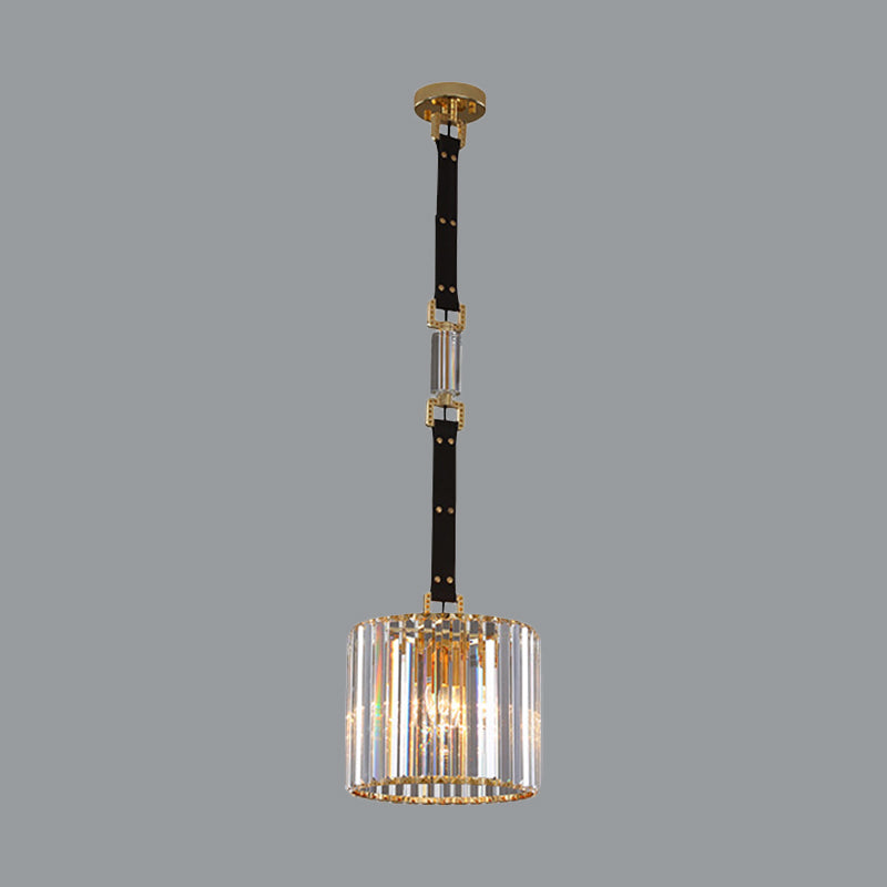 Black Cylinder Shade Hanging Lamp Contemporary Clear Crystal LED Ceiling Pendant Light, 8"/12" Wide Clearhalo 'Ceiling Lights' 'Modern Pendants' 'Modern' 'Pendant Lights' 'Pendants' Lighting' 1431119