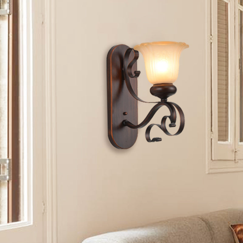 Brown Single Bulb Sconce Light Countryside Frosted Glass Blossom Wall Lighting Fixture with Scroll Arm Brown Clearhalo 'Wall Lamps & Sconces' 'Wall Lights' Lighting' 1431178