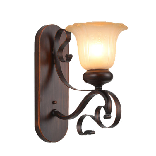 Brown Single Bulb Sconce Light Countryside Frosted Glass Blossom Wall Lighting Fixture with Scroll Arm Clearhalo 'Wall Lamps & Sconces' 'Wall Lights' Lighting' 1431179