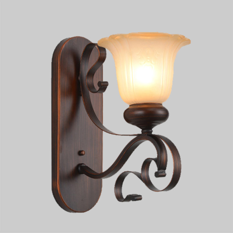 Brown Single Bulb Sconce Light Countryside Frosted Glass Blossom Wall Lighting Fixture with Scroll Arm Clearhalo 'Wall Lamps & Sconces' 'Wall Lights' Lighting' 1431180