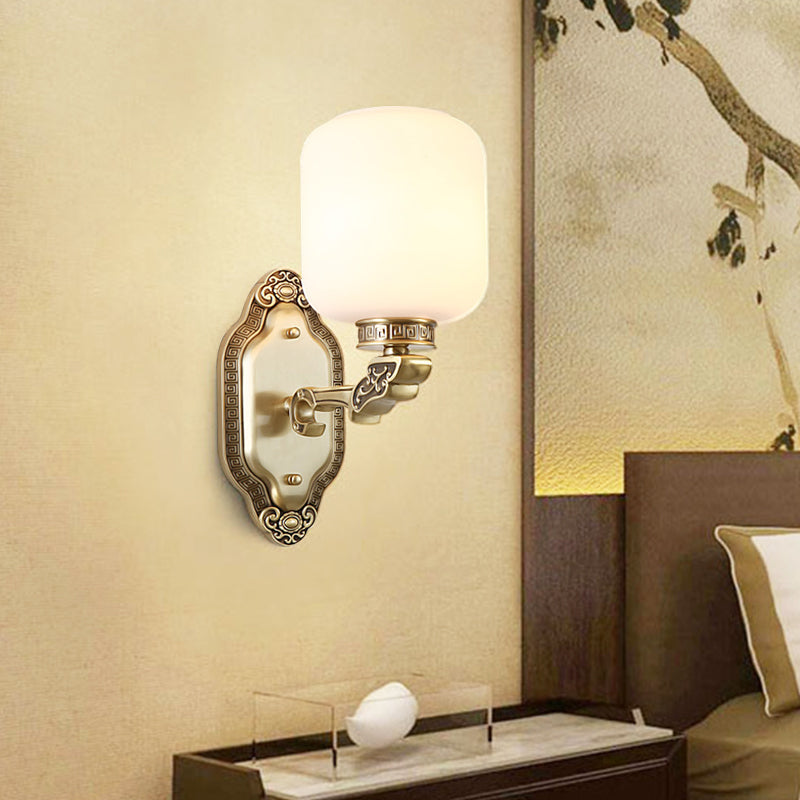 White Glass Brass Wall Sconce Cylinder 1-Light Farmhouse Wall Mounted Lamp for Drawing Room Clearhalo 'Wall Lamps & Sconces' 'Wall Lights' Lighting' 1431183