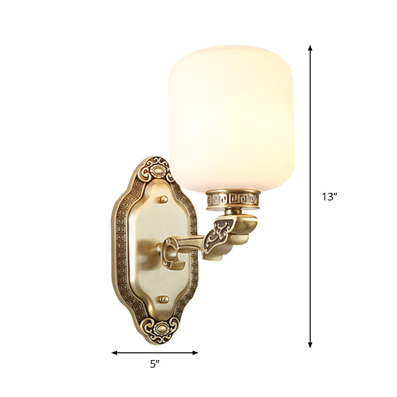 White Glass Brass Wall Sconce Cylinder 1-Light Farmhouse Wall Mounted Lamp for Drawing Room Clearhalo 'Wall Lamps & Sconces' 'Wall Lights' Lighting' 1431185