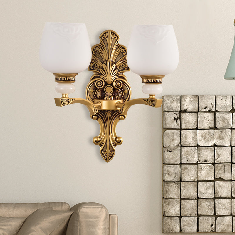 Brass 1/2 Heads Wall Mount Lamp Antiqued White Glass Cup Shape Wall Sconce Lighting for Bedroom 2.0 Brass Clearhalo 'Wall Lamps & Sconces' 'Wall Lights' Lighting' 1431212