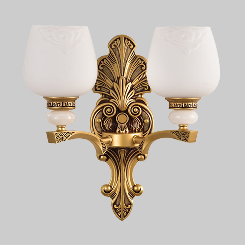 Brass 1/2 Heads Wall Mount Lamp Antiqued White Glass Cup Shape Wall Sconce Lighting for Bedroom Clearhalo 'Wall Lamps & Sconces' 'Wall Lights' Lighting' 1431214