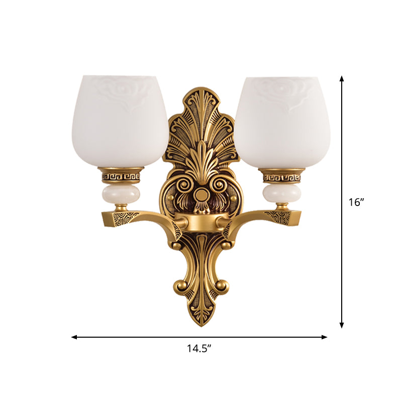 Brass 1/2 Heads Wall Mount Lamp Antiqued White Glass Cup Shape Wall Sconce Lighting for Bedroom Clearhalo 'Wall Lamps & Sconces' 'Wall Lights' Lighting' 1431215