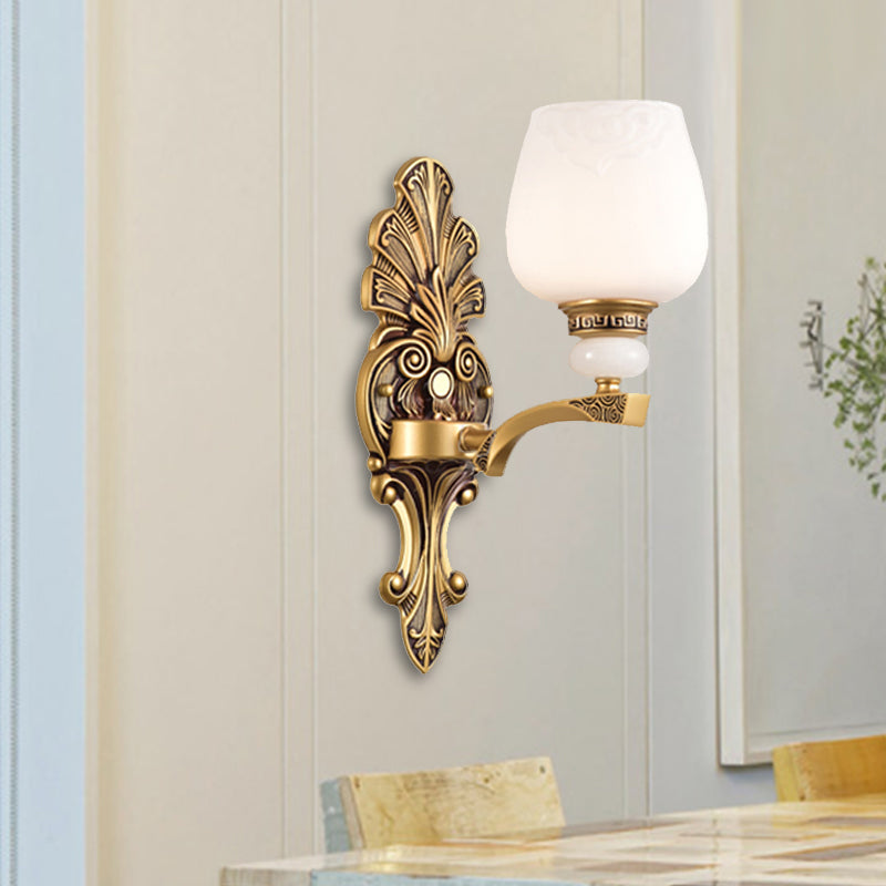 Brass 1/2 Heads Wall Mount Lamp Antiqued White Glass Cup Shape Wall Sconce Lighting for Bedroom 1.0 Brass Clearhalo 'Wall Lamps & Sconces' 'Wall Lights' Lighting' 1431216