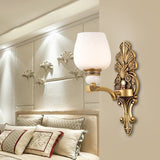 Brass 1/2 Heads Wall Mount Lamp Antiqued White Glass Cup Shape Wall Sconce Lighting for Bedroom Clearhalo 'Wall Lamps & Sconces' 'Wall Lights' Lighting' 1431217