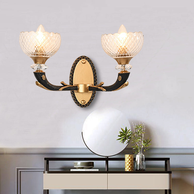 Clear Prismatic Glass Bowl Wall Light Retro Style 1/2 Bulbs Drawing Room Angled Wall Mounted Lamp in Black and Gold 2.0 Black-Gold Clearhalo 'Wall Lamps & Sconces' 'Wall Lights' Lighting' 1431221