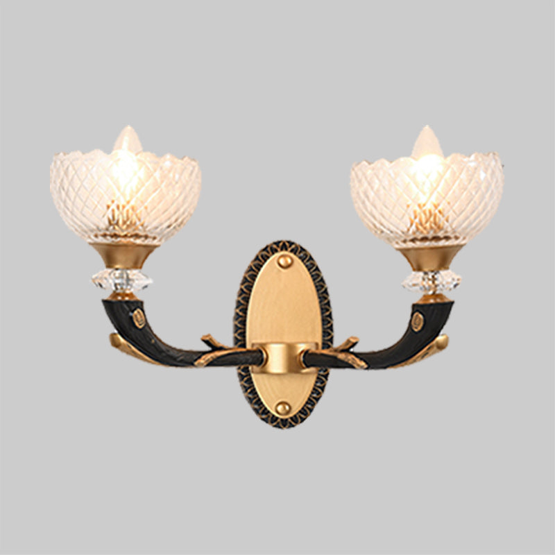 Clear Prismatic Glass Bowl Wall Light Retro Style 1/2 Bulbs Drawing Room Angled Wall Mounted Lamp in Black and Gold Clearhalo 'Wall Lamps & Sconces' 'Wall Lights' Lighting' 1431223