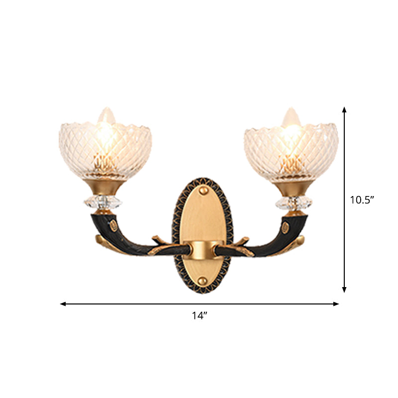 Clear Prismatic Glass Bowl Wall Light Retro Style 1/2 Bulbs Drawing Room Angled Wall Mounted Lamp in Black and Gold Clearhalo 'Wall Lamps & Sconces' 'Wall Lights' Lighting' 1431224