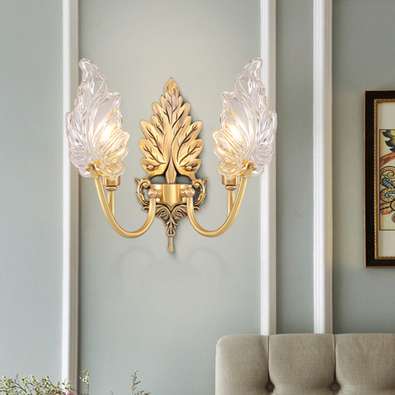 Traditional Palm Leaf Sconce Lamp 1/2 Lights Clear Glass Wall Lighting Idea with Arched Arm in Brass 2.0 Brass Clearhalo 'Wall Lamps & Sconces' 'Wall Lights' Lighting' 1431237