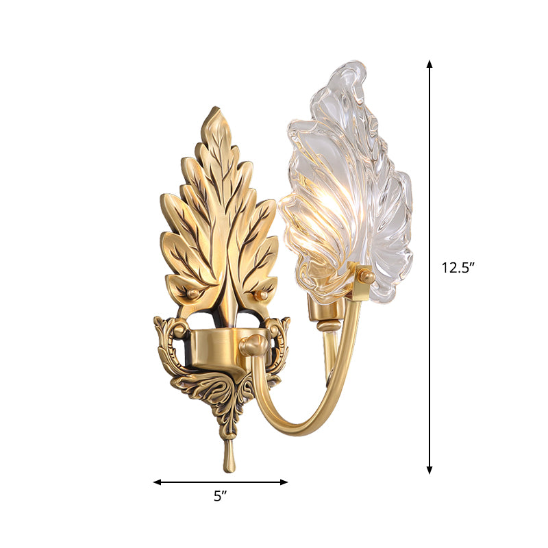 Traditional Palm Leaf Sconce Lamp 1/2 Lights Clear Glass Wall Lighting Idea with Arched Arm in Brass Clearhalo 'Wall Lamps & Sconces' 'Wall Lights' Lighting' 1431241