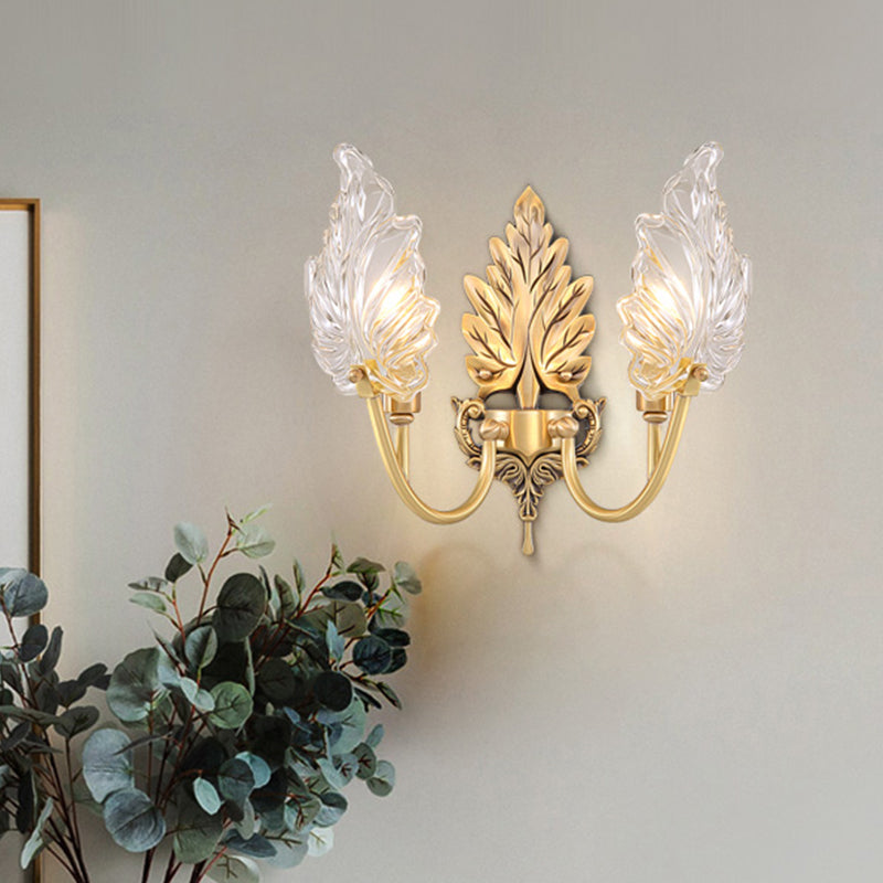 Traditional Palm Leaf Sconce Lamp 1/2 Lights Clear Glass Wall Lighting Idea with Arched Arm in Brass Clearhalo 'Wall Lamps & Sconces' 'Wall Lights' Lighting' 1431242