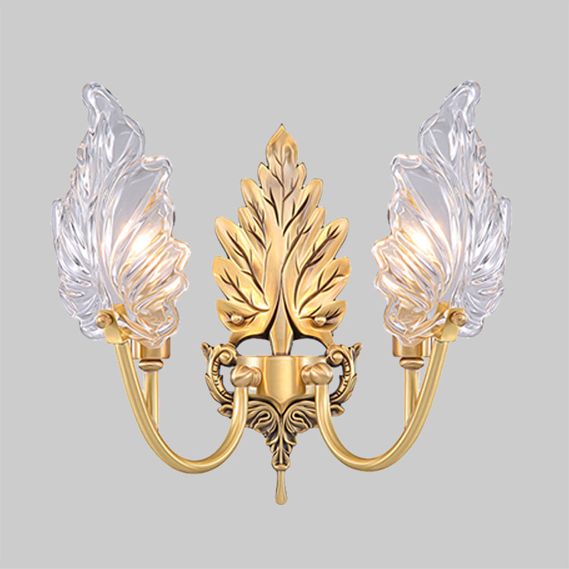 Traditional Palm Leaf Sconce Lamp 1/2 Lights Clear Glass Wall Lighting Idea with Arched Arm in Brass Clearhalo 'Wall Lamps & Sconces' 'Wall Lights' Lighting' 1431244