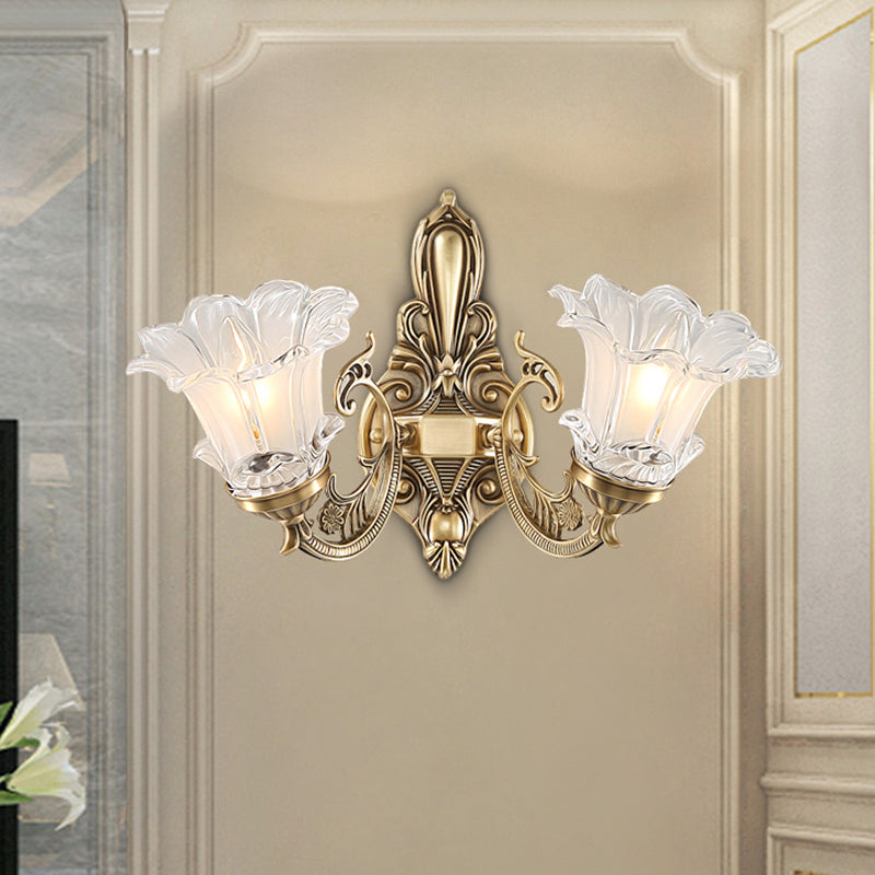 1/2-Head Floral Wall Lamp Vintage Brass Clear Fluted Glass Curved Arm Wall Sconce Lighting for Living Room 2.0 Brass Clearhalo 'Wall Lamps & Sconces' 'Wall Lights' Lighting' 1431251