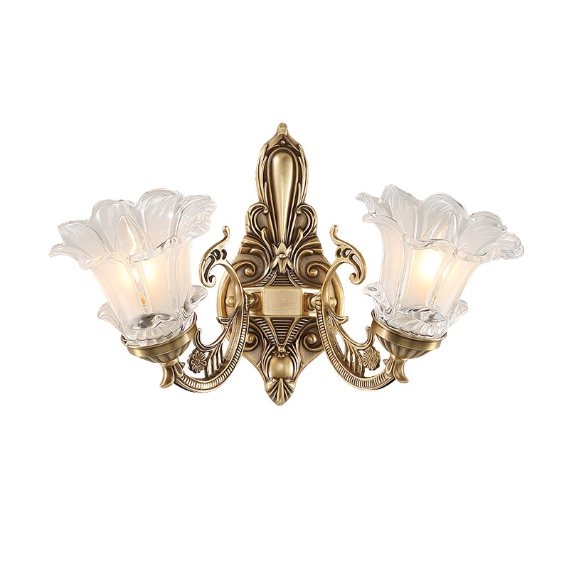 1/2-Head Floral Wall Lamp Vintage Brass Clear Fluted Glass Curved Arm Wall Sconce Lighting for Living Room Clearhalo 'Wall Lamps & Sconces' 'Wall Lights' Lighting' 1431252