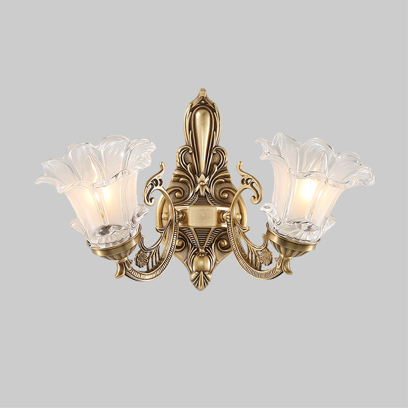 1/2-Head Floral Wall Lamp Vintage Brass Clear Fluted Glass Curved Arm Wall Sconce Lighting for Living Room Clearhalo 'Wall Lamps & Sconces' 'Wall Lights' Lighting' 1431253