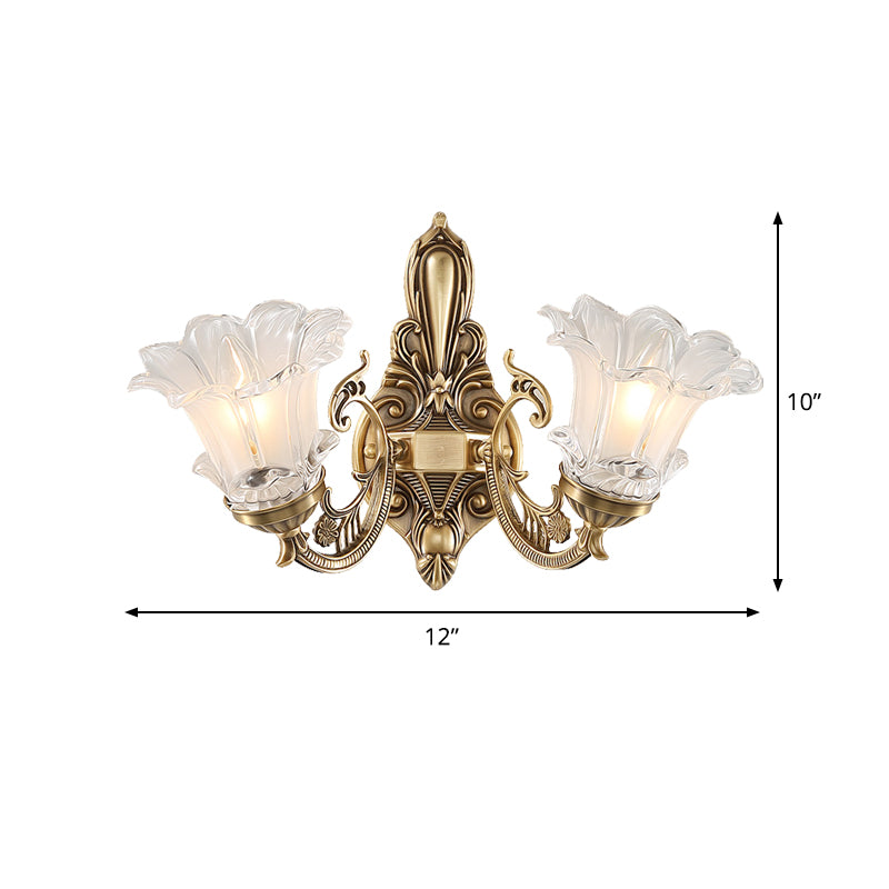 1/2-Head Floral Wall Lamp Vintage Brass Clear Fluted Glass Curved Arm Wall Sconce Lighting for Living Room Clearhalo 'Wall Lamps & Sconces' 'Wall Lights' Lighting' 1431254