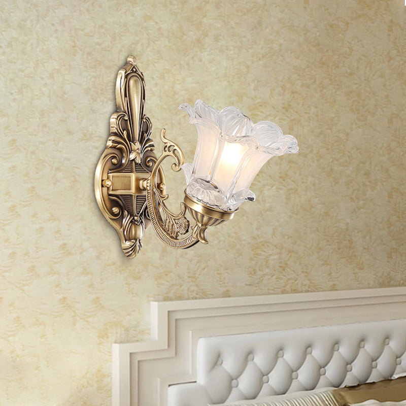 1/2-Head Floral Wall Lamp Vintage Brass Clear Fluted Glass Curved Arm Wall Sconce Lighting for Living Room 1.0 Brass Clearhalo 'Wall Lamps & Sconces' 'Wall Lights' Lighting' 1431255