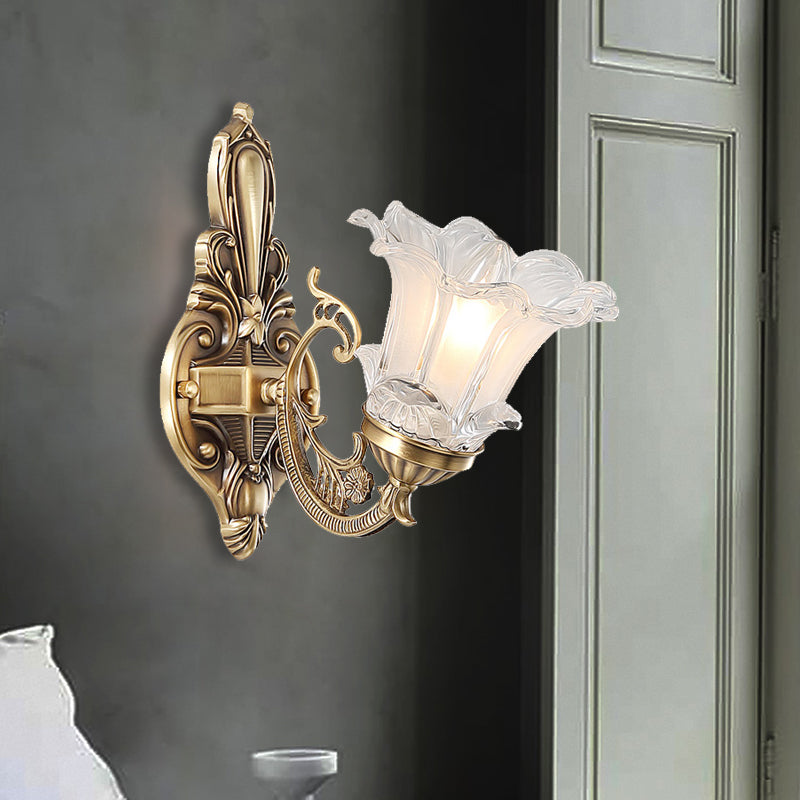 1/2-Head Floral Wall Lamp Vintage Brass Clear Fluted Glass Curved Arm Wall Sconce Lighting for Living Room Clearhalo 'Wall Lamps & Sconces' 'Wall Lights' Lighting' 1431256