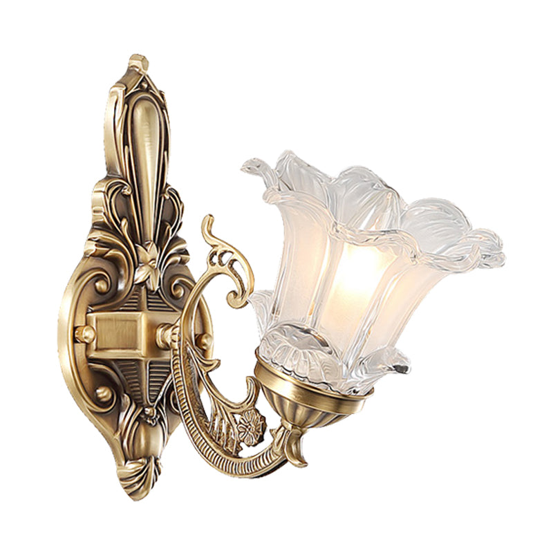 1/2-Head Floral Wall Lamp Vintage Brass Clear Fluted Glass Curved Arm Wall Sconce Lighting for Living Room Clearhalo 'Wall Lamps & Sconces' 'Wall Lights' Lighting' 1431257