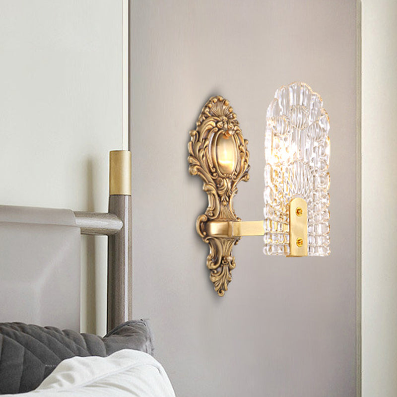 Elongated Bedside Wall Sconce Classic Clear Lattice Glass 1/2-Bulb Brass Wall Lighting Fixture 1.0 Brass Clearhalo 'Wall Lamps & Sconces' 'Wall Lights' Lighting' 1431261