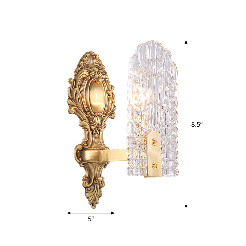 Elongated Bedside Wall Sconce Classic Clear Lattice Glass 1/2-Bulb Brass Wall Lighting Fixture Clearhalo 'Wall Lamps & Sconces' 'Wall Lights' Lighting' 1431264