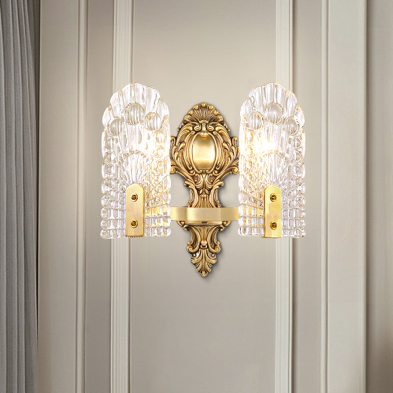 Elongated Bedside Wall Sconce Classic Clear Lattice Glass 1/2-Bulb Brass Wall Lighting Fixture Clearhalo 'Wall Lamps & Sconces' 'Wall Lights' Lighting' 1431265