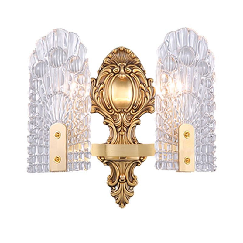 Elongated Bedside Wall Sconce Classic Clear Lattice Glass 1/2-Bulb Brass Wall Lighting Fixture Clearhalo 'Wall Lamps & Sconces' 'Wall Lights' Lighting' 1431266