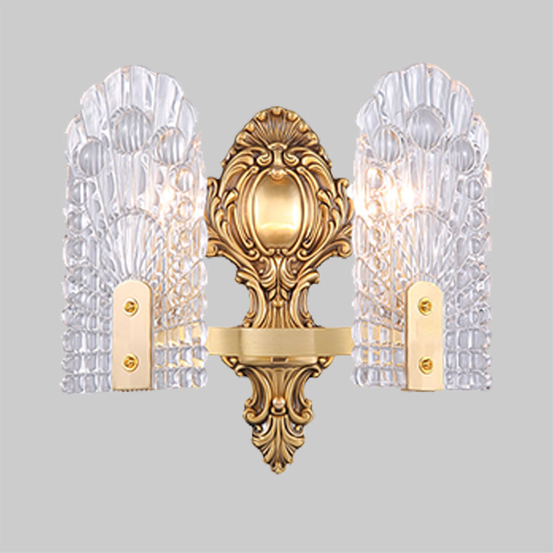 Elongated Bedside Wall Sconce Classic Clear Lattice Glass 1/2-Bulb Brass Wall Lighting Fixture Clearhalo 'Wall Lamps & Sconces' 'Wall Lights' Lighting' 1431267