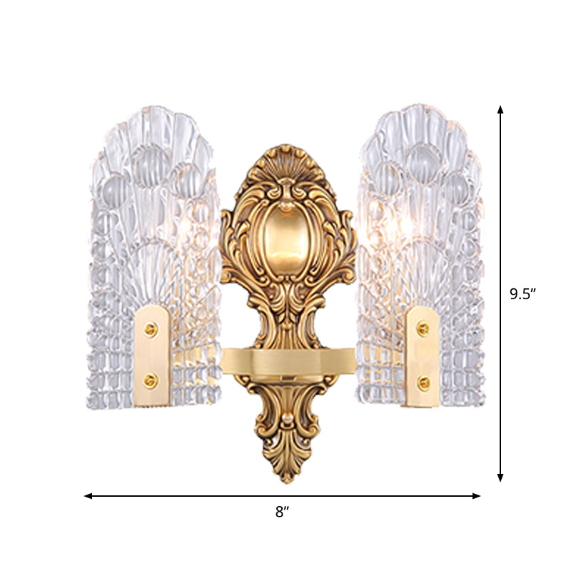 Elongated Bedside Wall Sconce Classic Clear Lattice Glass 1/2-Bulb Brass Wall Lighting Fixture Clearhalo 'Wall Lamps & Sconces' 'Wall Lights' Lighting' 1431268