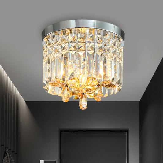 10"/15.5" Wide Chrome Cylinder Flush Light Modern Crystal Prisms LED Close to Ceiling Lighting Fixture for Doorway Clearhalo 'Ceiling Lights' 'Close To Ceiling Lights' 'Close to ceiling' 'Flush mount' Lighting' 1431496