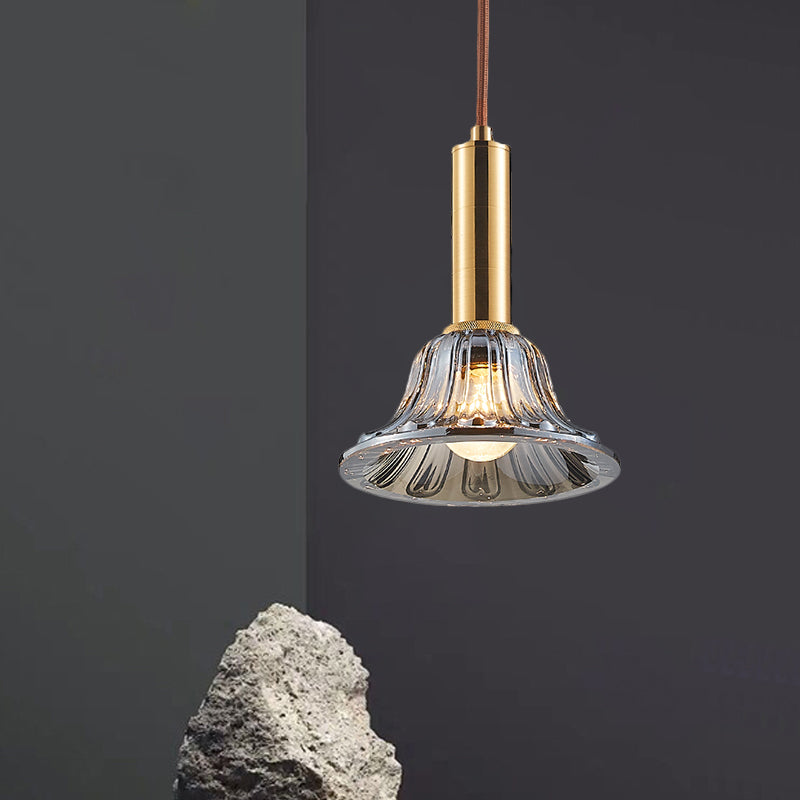 Bell Pendant Light Fixture Modern Style Clear/Smoke Gray/Cognac Crystal 1 Bulb Gold Down Lighting Smoke Gray Clearhalo 'Ceiling Lights' 'Modern Pendants' 'Modern' 'Pendant Lights' 'Pendants' Lighting' 1431797