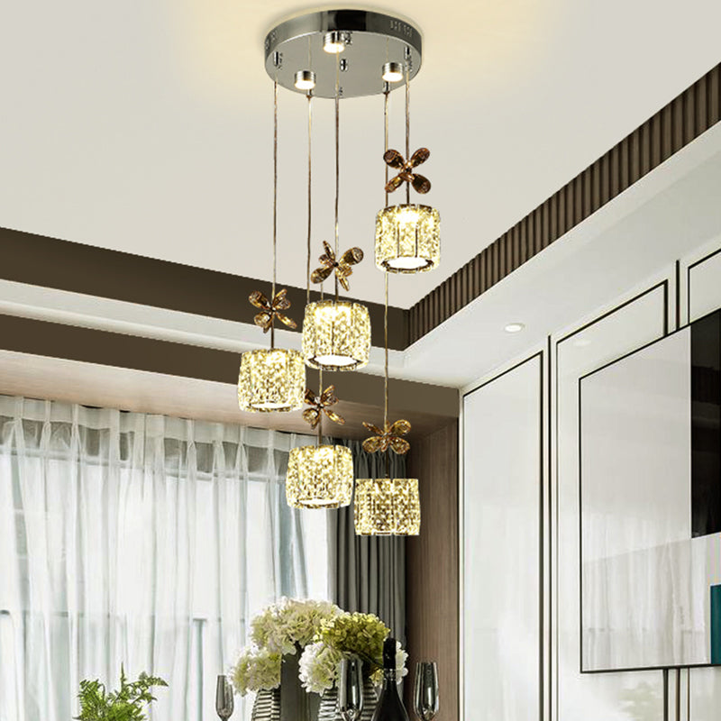 Modern Cylinder Hanging Lamp Faceted Crystal Dining Room LED Multi Light Pendant in Chrome with Round/Linear Canopy, 13.5"/27.5" Wide Chrome 13.5" Clearhalo 'Ceiling Lights' 'Modern Pendants' 'Modern' 'Pendant Lights' 'Pendants' Lighting' 1431805