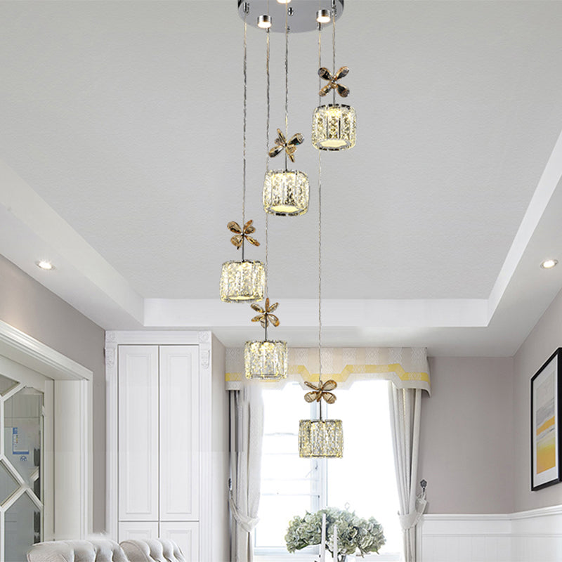 Modern Cylinder Hanging Lamp Faceted Crystal Dining Room LED Multi Light Pendant in Chrome with Round/Linear Canopy, 13.5"/27.5" Wide Clearhalo 'Ceiling Lights' 'Modern Pendants' 'Modern' 'Pendant Lights' 'Pendants' Lighting' 1431806