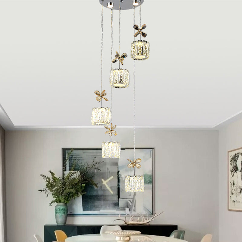 Modern Cylinder Hanging Lamp Faceted Crystal Dining Room LED Multi Light Pendant in Chrome with Round/Linear Canopy, 13.5"/27.5" Wide Clearhalo 'Ceiling Lights' 'Modern Pendants' 'Modern' 'Pendant Lights' 'Pendants' Lighting' 1431807