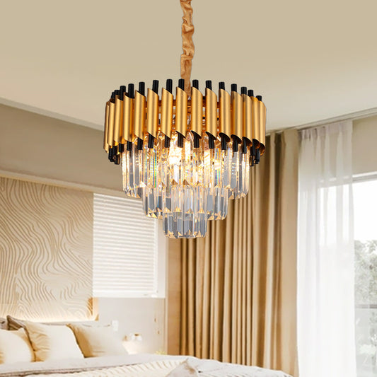 Gold 4/6 Lights Down Lighting Pendant Postmodern Crystal Layered Tapered Chandelier 4 Gold Clearhalo 'Ceiling Lights' 'Chandeliers' 'Modern Chandeliers' 'Modern' Lighting' 1431826