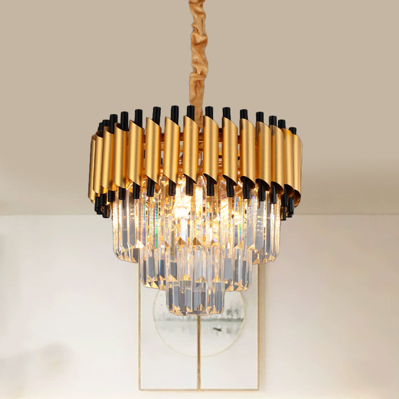 Gold 4/6 Lights Down Lighting Pendant Postmodern Crystal Layered Tapered Chandelier Clearhalo 'Ceiling Lights' 'Chandeliers' 'Modern Chandeliers' 'Modern' Lighting' 1431827