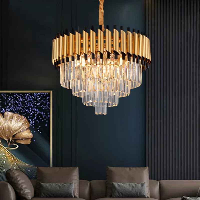 Gold 4/6 Lights Down Lighting Pendant Postmodern Crystal Layered Tapered Chandelier Clearhalo 'Ceiling Lights' 'Chandeliers' 'Modern Chandeliers' 'Modern' Lighting' 1431831