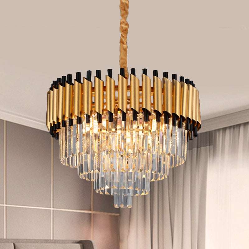 Gold 4/6 Lights Down Lighting Pendant Postmodern Crystal Layered Tapered Chandelier Clearhalo 'Ceiling Lights' 'Chandeliers' 'Modern Chandeliers' 'Modern' Lighting' 1431832