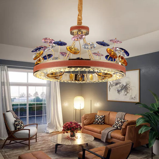 Red Hoop Chandelier Pendant Light Macaron Crystal Bedroom 19.5"/23.5" W LED Hanging Lamp with Colorful Mushroom Decor Red Clearhalo 'Ceiling Lights' 'Chandeliers' 'Modern Chandeliers' 'Modern' Lighting' 1431851