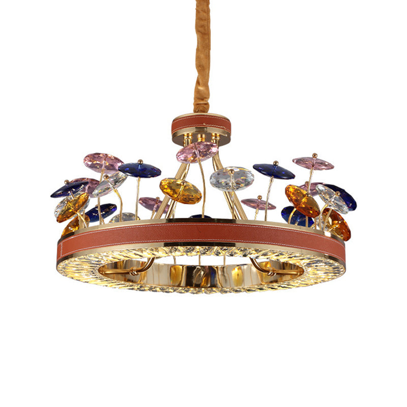 Red Hoop Chandelier Pendant Light Macaron Crystal Bedroom 19.5"/23.5" W LED Hanging Lamp with Colorful Mushroom Decor Clearhalo 'Ceiling Lights' 'Chandeliers' 'Modern Chandeliers' 'Modern' Lighting' 1431852