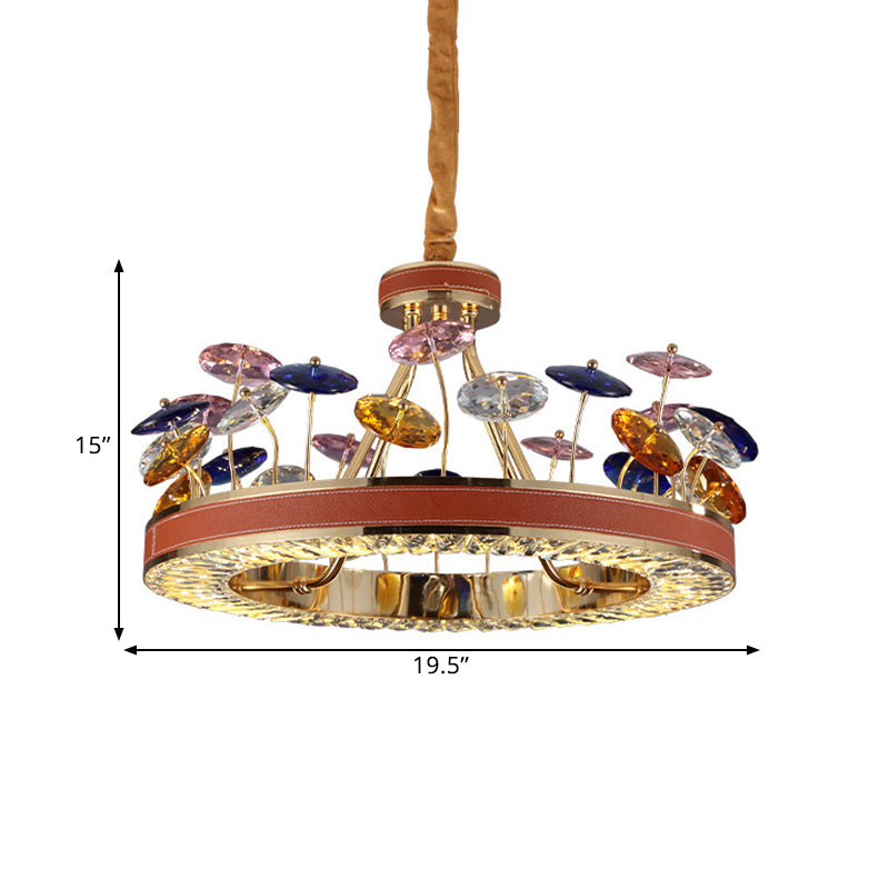 Red Hoop Chandelier Pendant Light Macaron Crystal Bedroom 19.5"/23.5" W LED Hanging Lamp with Colorful Mushroom Decor Clearhalo 'Ceiling Lights' 'Chandeliers' 'Modern Chandeliers' 'Modern' Lighting' 1431854