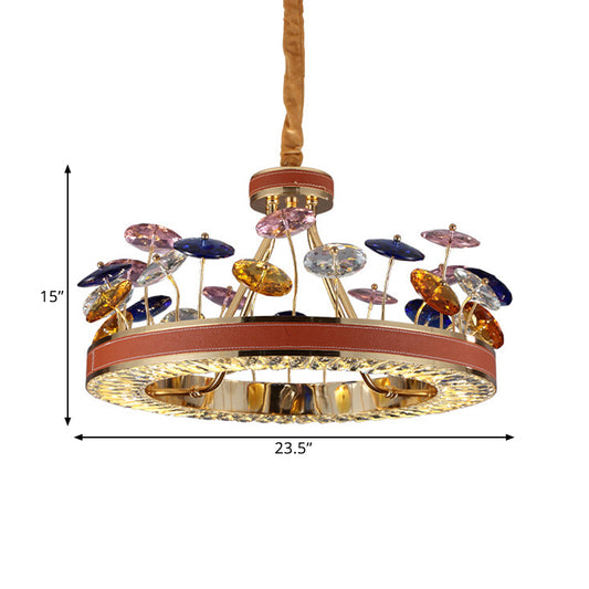 Red Hoop Chandelier Pendant Light Macaron Crystal Bedroom 19.5"/23.5" W LED Hanging Lamp with Colorful Mushroom Decor Clearhalo 'Ceiling Lights' 'Chandeliers' 'Modern Chandeliers' 'Modern' Lighting' 1431855