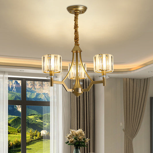 Postmodern Cylinder Chandelier Lamp 3/6 Bulbs Prismatic Crystal Hanging Light in Gold 3 Gold Clearhalo 'Ceiling Lights' 'Chandeliers' 'Modern Chandeliers' 'Modern' Lighting' 1431862