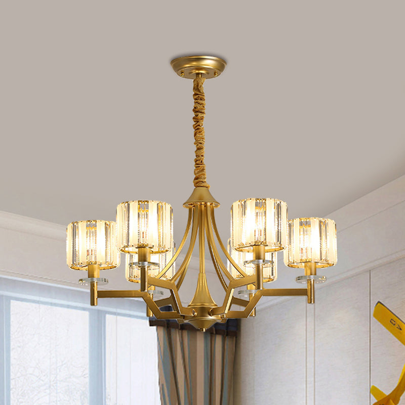 Postmodern Cylinder Chandelier Lamp 3/6 Bulbs Prismatic Crystal Hanging Light in Gold Clearhalo 'Ceiling Lights' 'Chandeliers' 'Modern Chandeliers' 'Modern' Lighting' 1431867