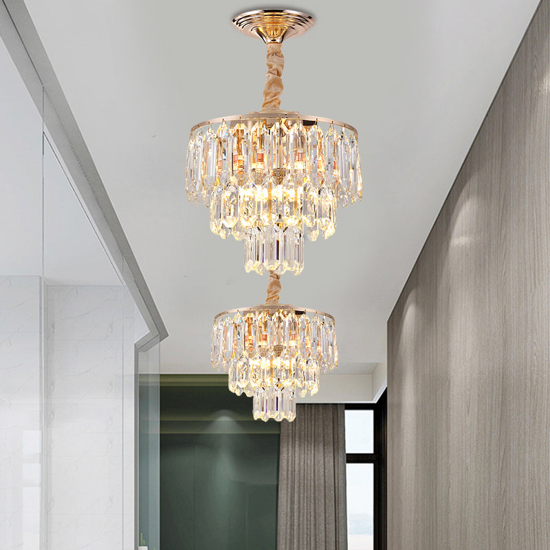 3-Tier Crystal Rod Drop Lamp Modern Style 2 Lights Foyer Ceiling Chandelier in Gold Clearhalo 'Ceiling Lights' 'Chandeliers' 'Modern Chandeliers' 'Modern' Lighting' 1431950