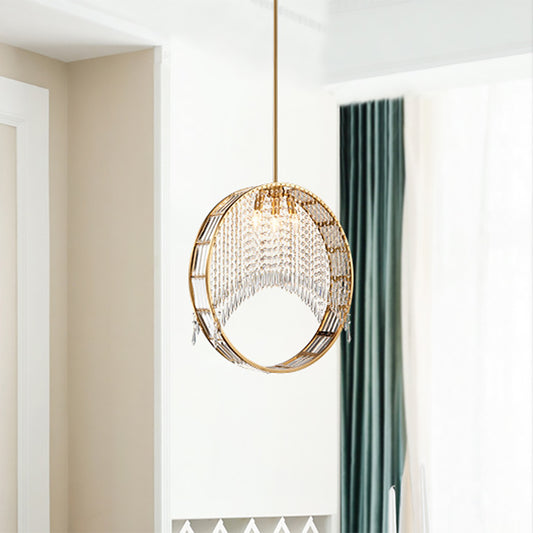 Postmodern Stylish Circle Drop Pendant 3-Light Iron Chandelier in Gold with Crystal Drapes Gold Clearhalo 'Ceiling Lights' 'Chandeliers' 'Modern Chandeliers' 'Modern' Lighting' 1431967