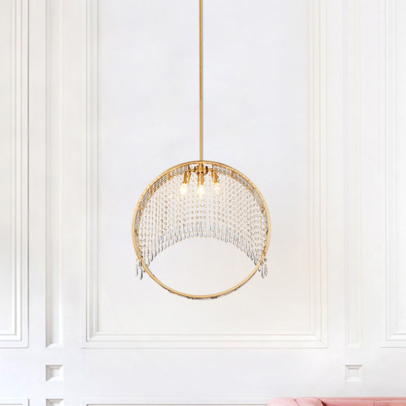 Postmodern Stylish Circle Drop Pendant 3-Light Iron Chandelier in Gold with Crystal Drapes Clearhalo 'Ceiling Lights' 'Chandeliers' 'Modern Chandeliers' 'Modern' Lighting' 1431968